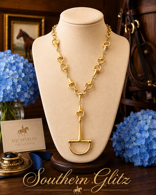 Gold Stirrup Pendant Necklace with Horse Bit Links, Equestrian Statement Jewelry, English Rider and Horse Lover Gift