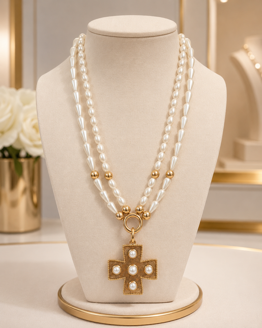 Pearl Cross Necklace, Gold Tone Statement Pendant, Double Strand Faux Pearl Jewelry, Southern Boutique Necklace, Christian Gift