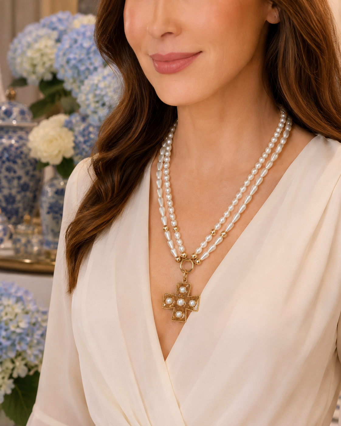 Pearl Cross Necklace, Gold Tone Statement Pendant, Double Strand Faux Pearl Jewelry, Southern Boutique Necklace, Christian Gift