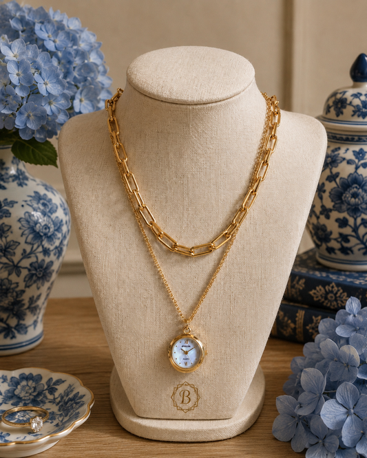 Gold Pendant Watch Necklace, Layered Paperclip Chain Jewelry, Vintage Inspired Timepiece Necklace, Elegant Statement Gift