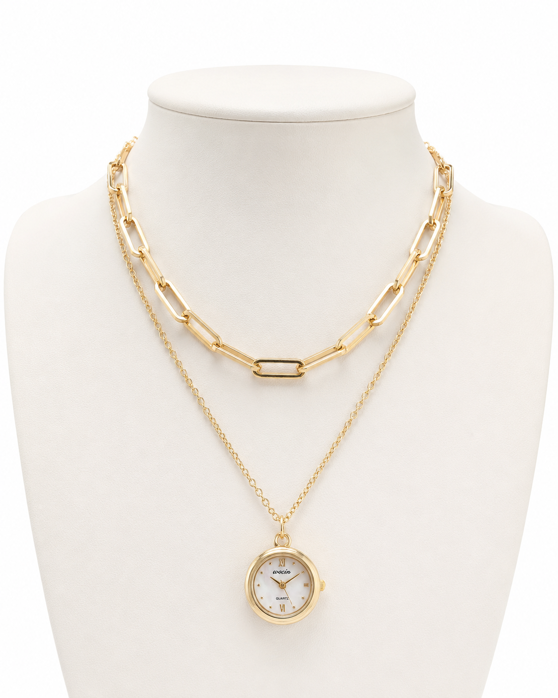 Gold Pendant Watch Necklace, Layered Paperclip Chain Jewelry, Vintage Inspired Timepiece Necklace, Elegant Statement Gift