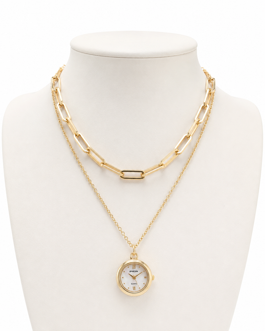 Gold Pendant Watch Necklace, Layered Paperclip Chain Jewelry, Vintage Inspired Timepiece Necklace, Elegant Statement Gift