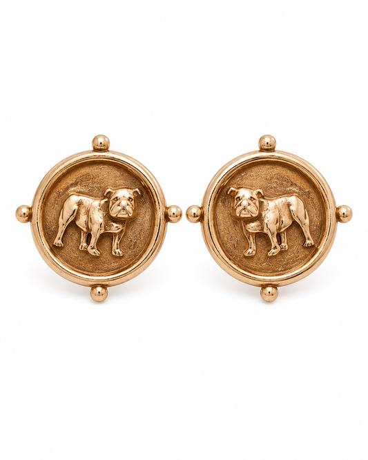 Gold Bulldog Medallion Earrings, Round Dog Statement Earrings, Bulldog Lover Gift, Georgia Fan Jewelry, Southern Boutique Earrings
