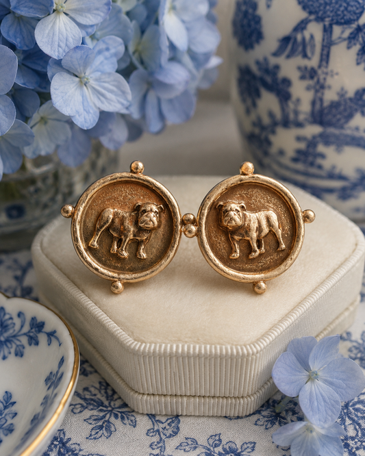 Gold Bulldog Medallion Earrings, Round Dog Statement Earrings, Bulldog Lover Gift, Georgia Fan Jewelry, Southern Boutique Earrings