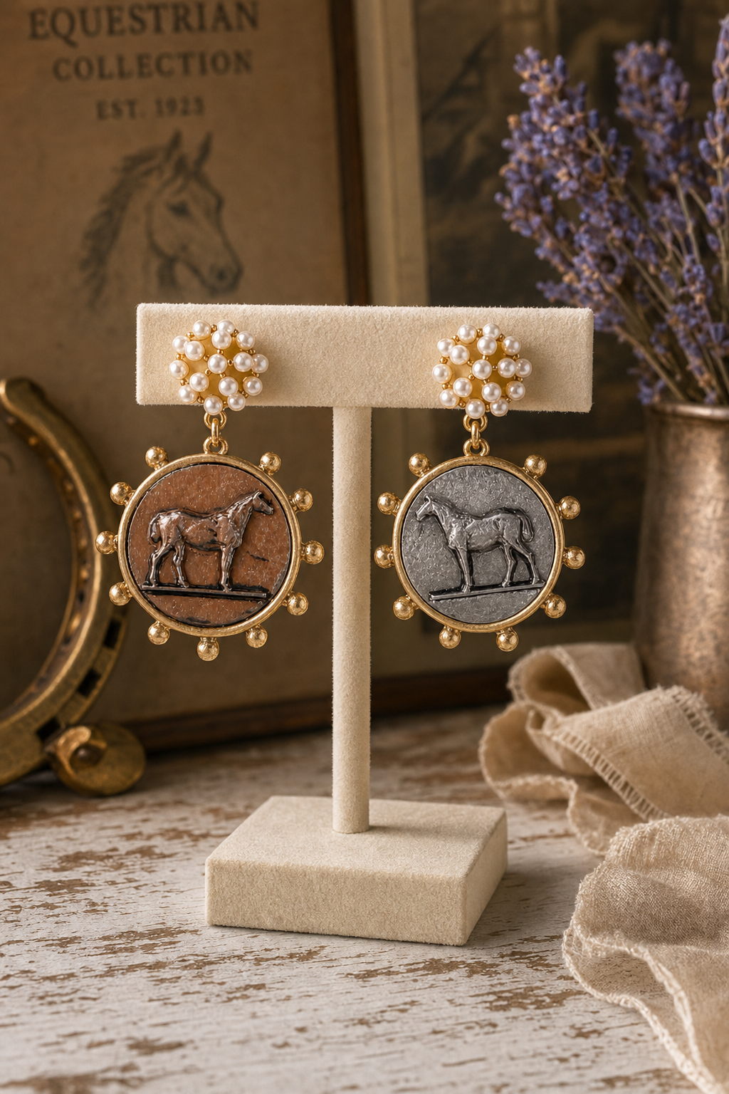Two Tone Horse Medallion Earrings with Pearl Clusters, Equestrian Statement Earrings, Horse Lover Gift, Southern Boutique Jewelry