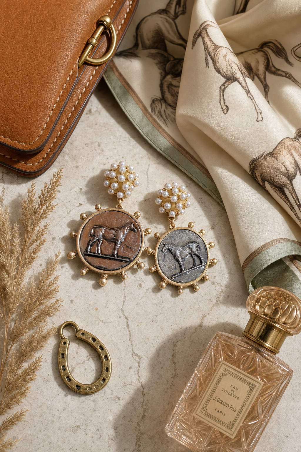 Two Tone Horse Medallion Earrings with Pearl Clusters, Equestrian Statement Earrings, Horse Lover Gift, Southern Boutique Jewelry