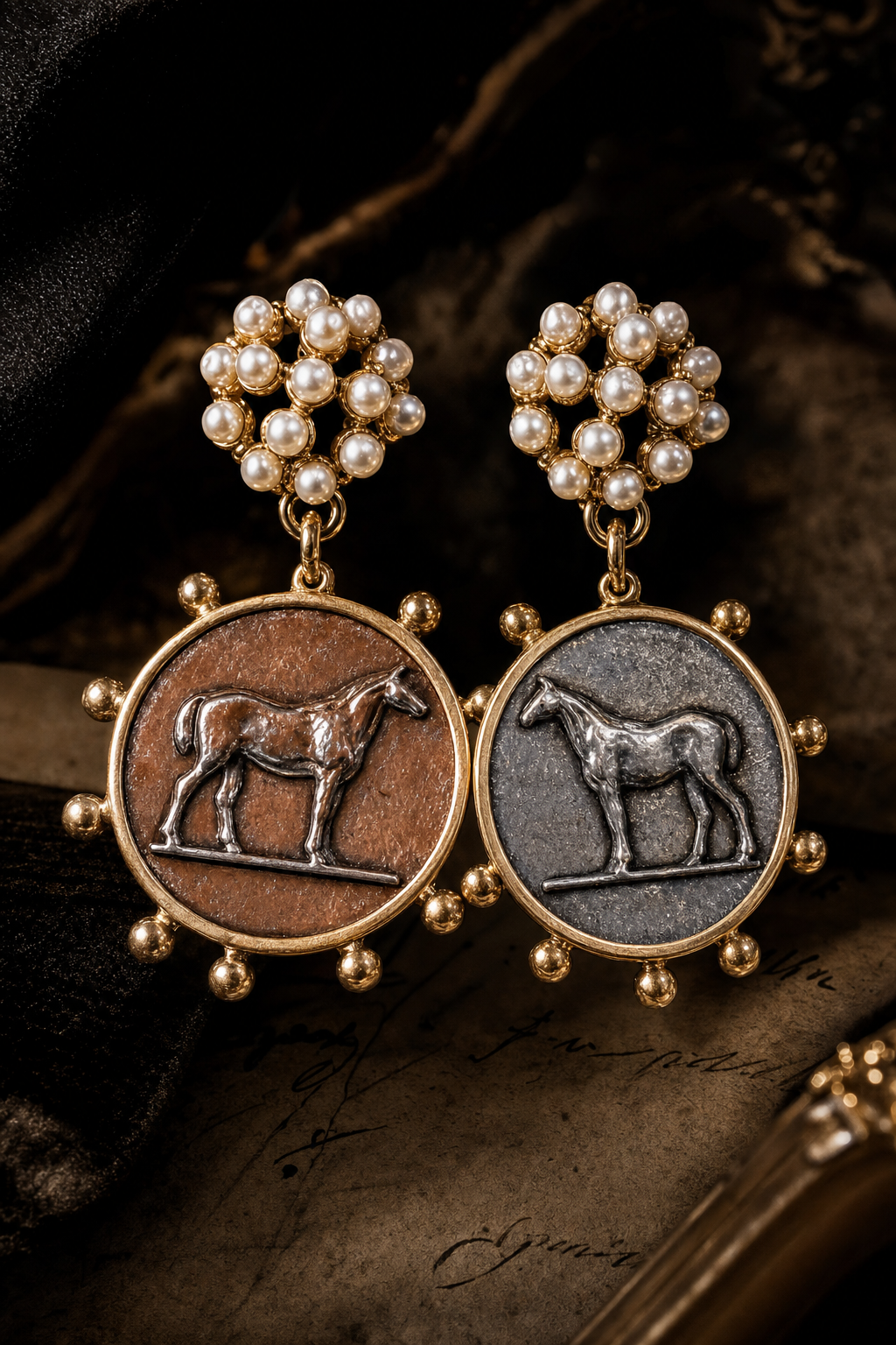 Two Tone Horse Medallion Earrings with Pearl Clusters, Equestrian Statement Earrings, Horse Lover Gift, Southern Boutique Jewelry