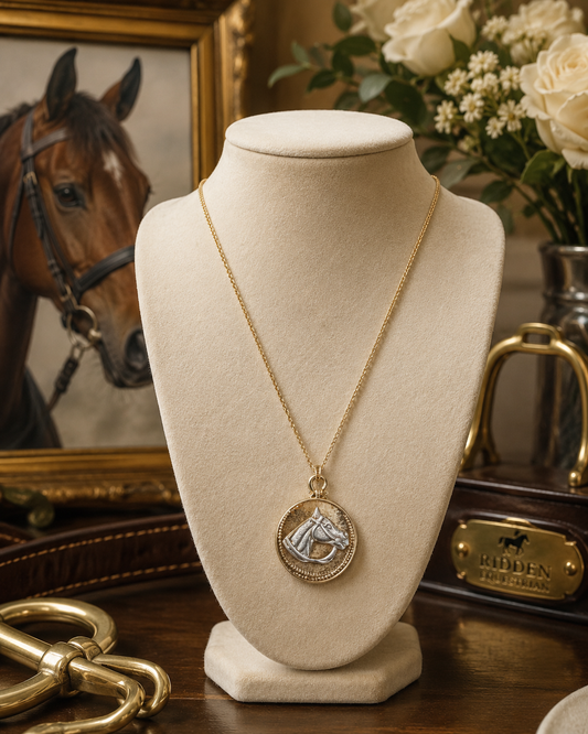 Two-Tone Horse Head Medallion Necklace, Gold and Silver Equestrian Pendant, Horse Lover Gift, Western Rider Jewelry