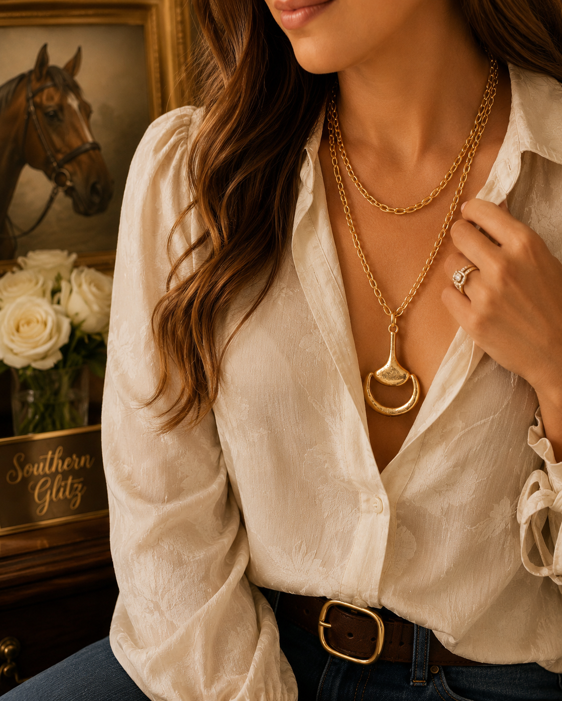 Gold Equestrian Horse Bit Necklace, Double Strand Statement Pendant, Snaffle Bit Jewelry, Gift for Horse Lover