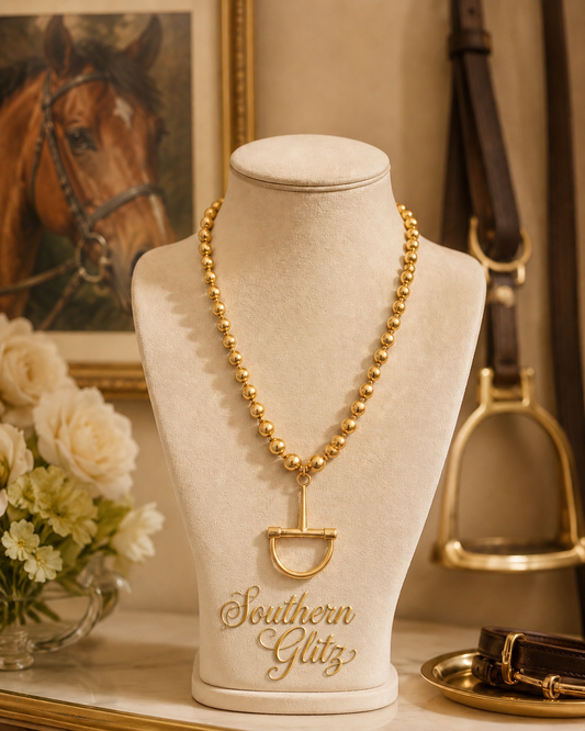 Gold Stirrup Pendant Necklace, Equestrian Beaded Necklace, Horse Lover Jewelry, English Riding Gift