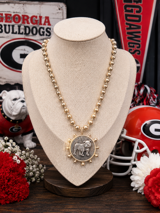 Two-Tone Bulldog Medallion Necklace – Gold Beaded Statement Necklace with Silver Bulldog Pendant