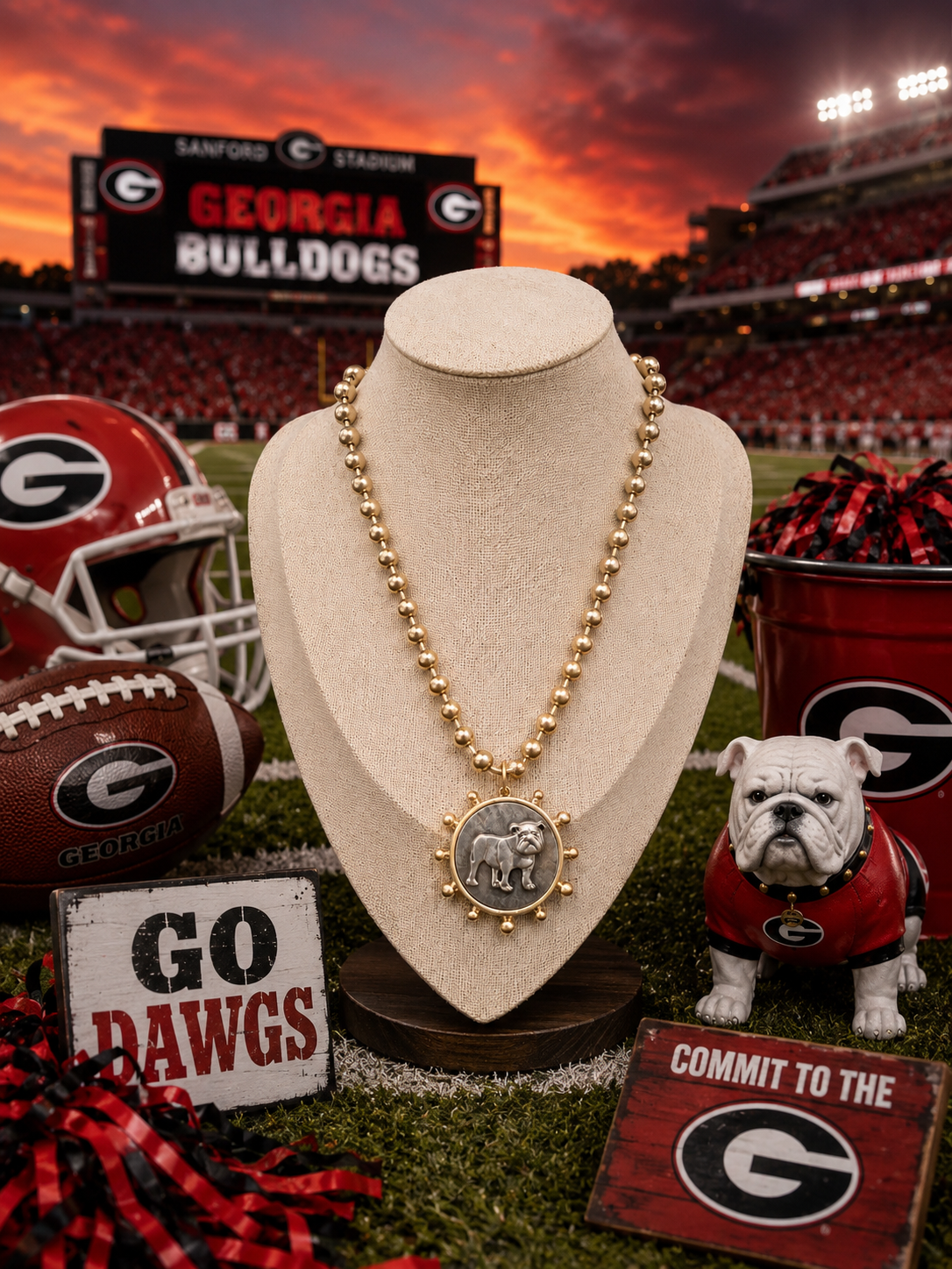 Two-Tone Bulldog Medallion Necklace – Gold Beaded Statement Necklace with Silver Bulldog Pendant