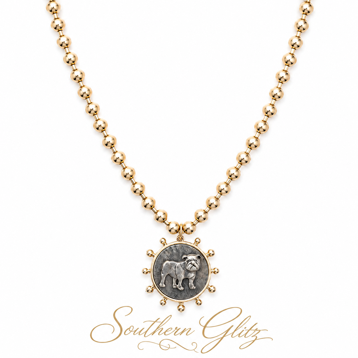Two-Tone Bulldog Medallion Necklace – Gold Beaded Statement Necklace with Silver Bulldog Pendant