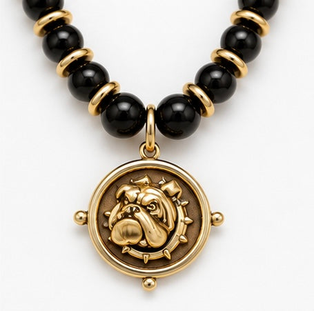 Black & Gold Bulldog Necklace, Beaded Bulldog Pendant Necklace, Game Day Jewelry, Southern Football Fan Gift, Statement Necklace