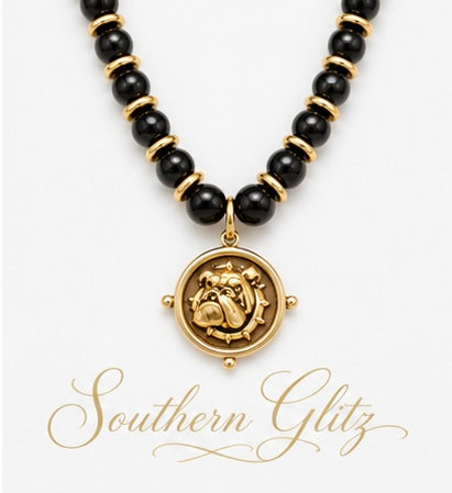 Black & Gold Bulldog Necklace, Beaded Bulldog Pendant Necklace, Game Day Jewelry, Southern Football Fan Gift, Statement Necklace