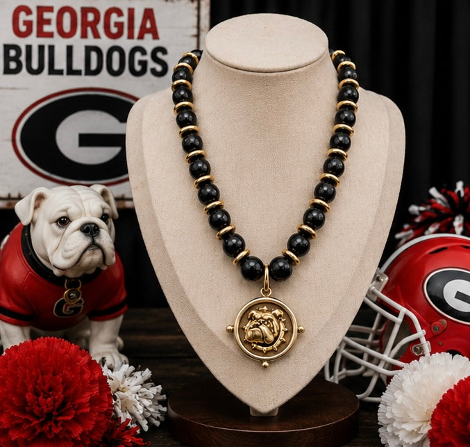 Black & Gold Bulldog Necklace, Beaded Bulldog Pendant Necklace, Game Day Jewelry, Southern Football Fan Gift, Statement Necklace
