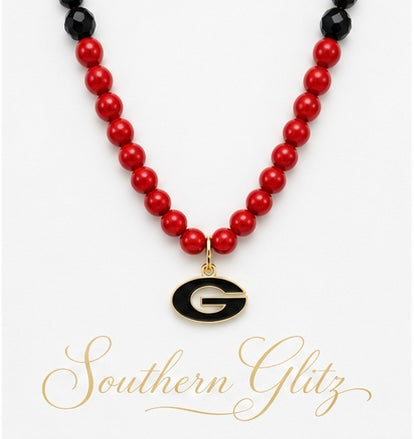 Georgia Bulldogs Game Day Necklace, Red Black Beaded Necklace, Gold G Pendant, UGA Inspired Jewelry, Dawg Fan Gift