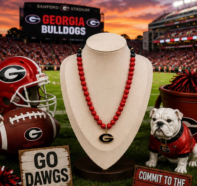 Georgia Bulldogs Game Day Necklace, Red Black Beaded Necklace, Gold G Pendant, UGA Inspired Jewelry, Dawg Fan Gift