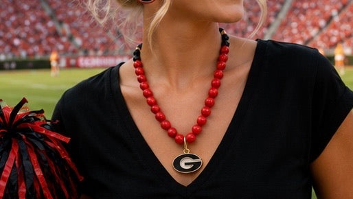 Georgia Bulldogs Game Day Necklace, Red Black Beaded Necklace, Gold G Pendant, UGA Inspired Jewelry, Dawg Fan Gift