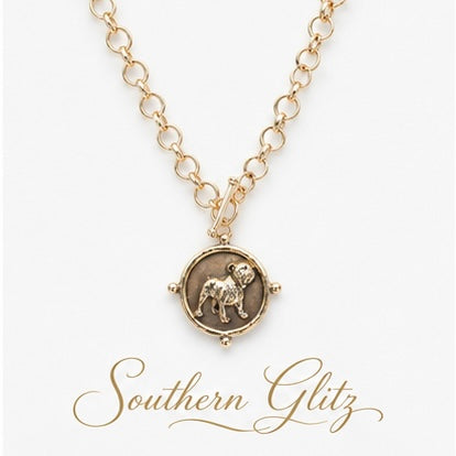 Gold Bulldog Medallion Necklace, Vintage Style Dog Pendant Necklace, Bulldog Jewelry, Dog Lover Gift, Statement Medallion Necklace