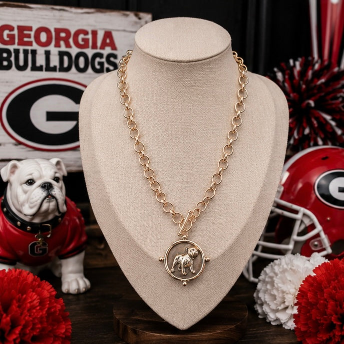 Gold Bulldog Medallion Necklace, Vintage Style Dog Pendant Necklace, Bulldog Jewelry, Dog Lover Gift, Statement Medallion Necklace