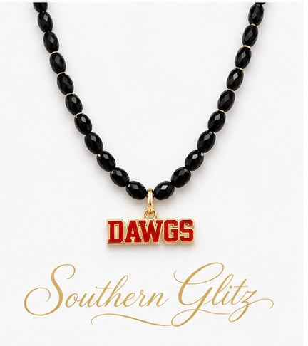 Black Beaded DAWGS Necklace, Red & Gold Game Day Pendant, Georgia Inspired Jewelry, Bulldog Fan Necklace, Football Gift