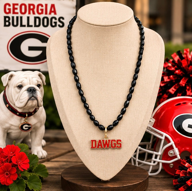 Black Beaded DAWGS Necklace, Red & Gold Game Day Pendant, Georgia Inspired Jewelry, Bulldog Fan Necklace, Football Gift