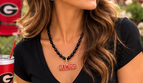 Black Beaded DAWGS Necklace, Red & Gold Game Day Pendant, Georgia Inspired Jewelry, Bulldog Fan Necklace, Football Gift