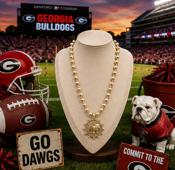 Gold Bulldog Medallion Necklace, Gold Beaded Game Day Necklace, Georgia Inspired Jewelry, Bulldog Fan Gift, Southern Jewelry
