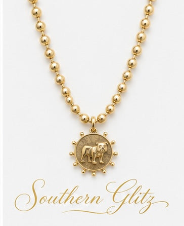 Gold Bulldog Medallion Necklace, Gold Beaded Game Day Necklace, Georgia Inspired Jewelry, Bulldog Fan Gift, Southern Jewelry