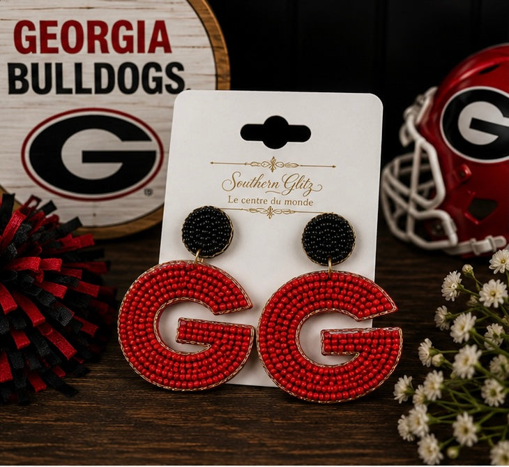 Red & Black Beaded G Earrings, Georgia Game Day Statement Earrings, Bulldog Fan Jewelry, School Spirit Earrings