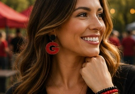Red & Black Beaded G Earrings, Georgia Game Day Statement Earrings, Bulldog Fan Jewelry, School Spirit Earrings