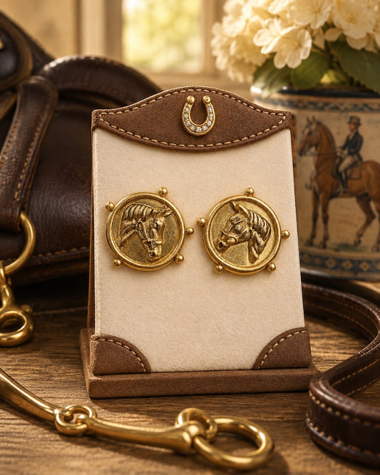 Gold Horse Medallion Earrings, Equestrian Horse Head Statement Earrings, Round Equine Jewelry, Horse Lover Gift, Rider Earrings