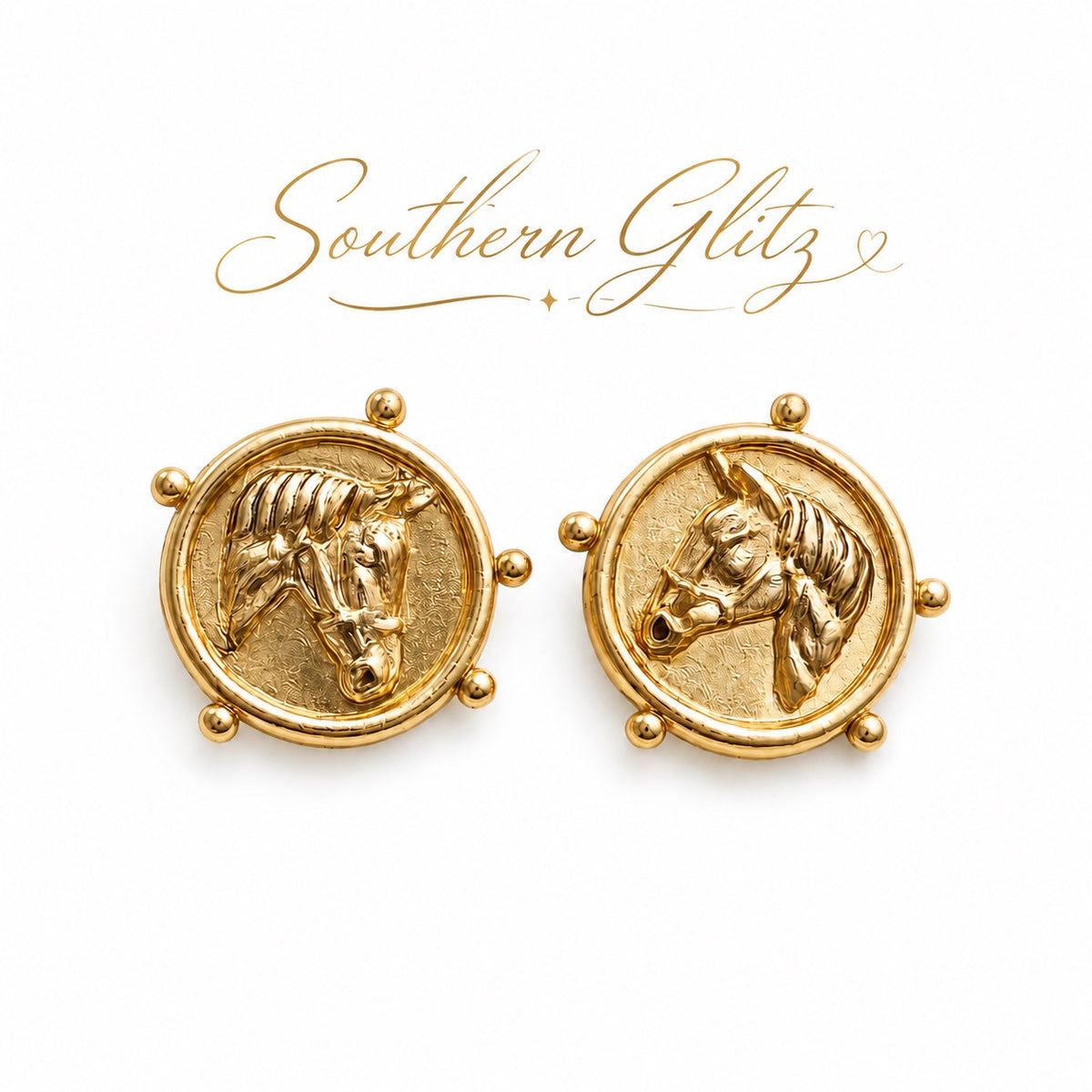Gold Horse Medallion Earrings, Equestrian Horse Head Statement Earrings, Round Equine Jewelry, Horse Lover Gift, Rider Earrings