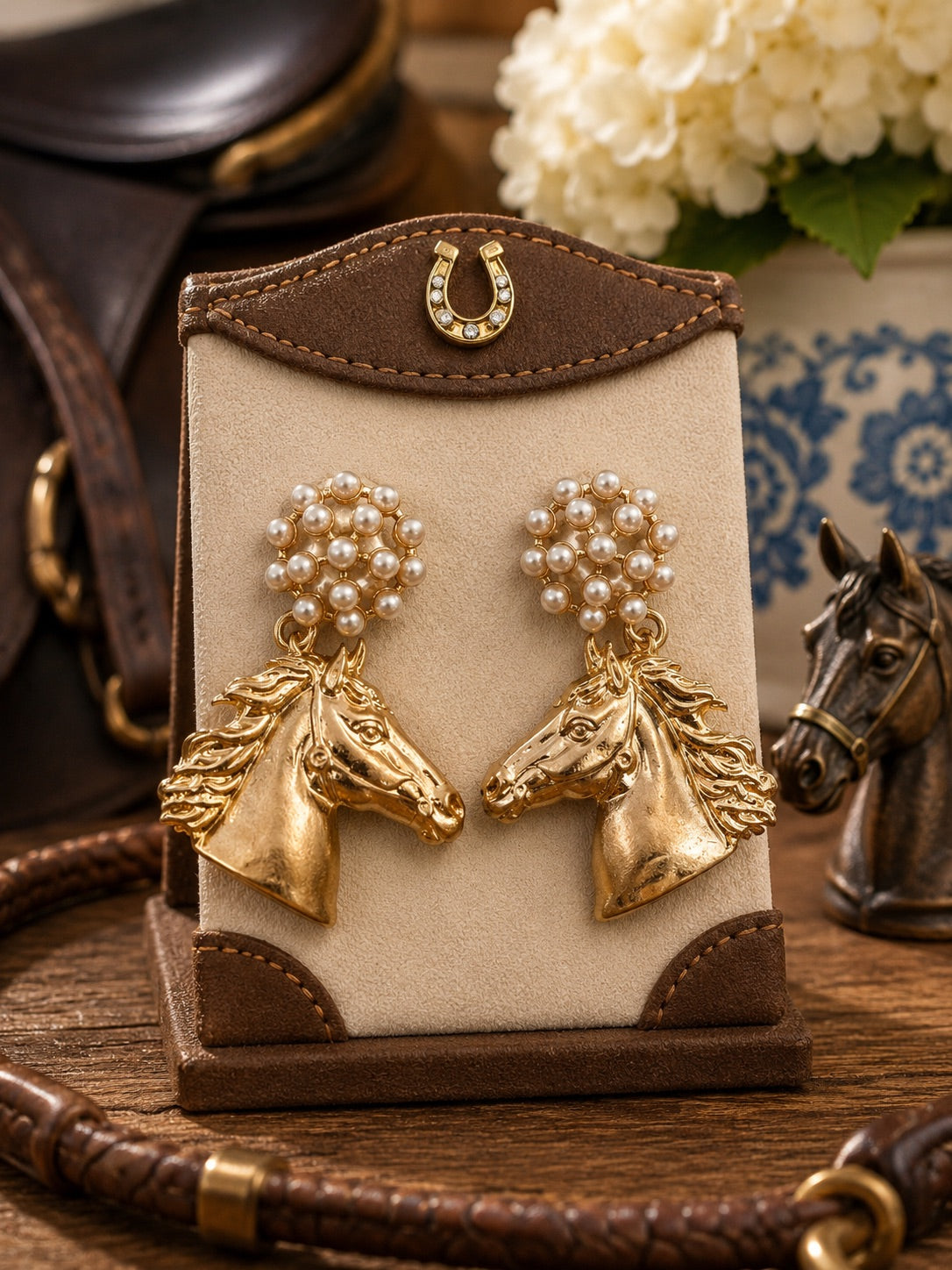 Gold Horse Head Earrings, Pearl Equestrian Statement Earrings, Horse Lover Jewelry, Elegant Rider Gift, Equestrian Boutique Earrings