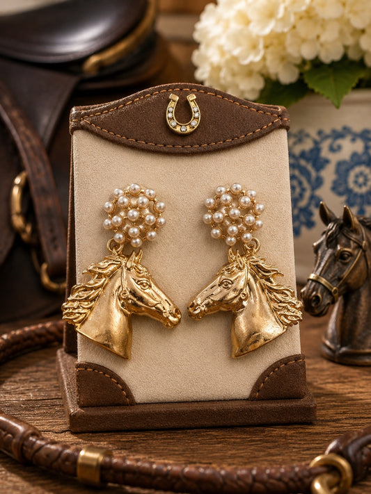 Gold Horse Head Earrings, Pearl Equestrian Statement Earrings, Horse Lover Jewelry, Elegant Rider Gift, Equestrian Boutique Earrings