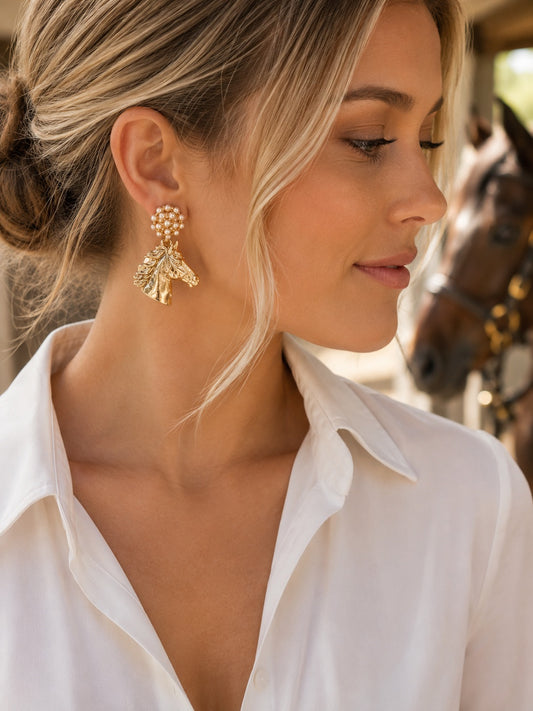 Gold Horse Head Earrings, Pearl Equestrian Statement Earrings, Horse Lover Jewelry, Elegant Rider Gift, Equestrian Boutique Earrings