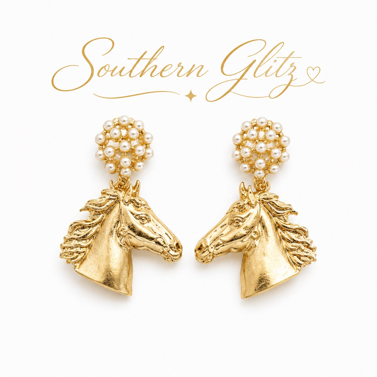 Gold Horse Head Earrings, Pearl Equestrian Statement Earrings, Horse Lover Jewelry, Elegant Rider Gift, Equestrian Boutique Earrings