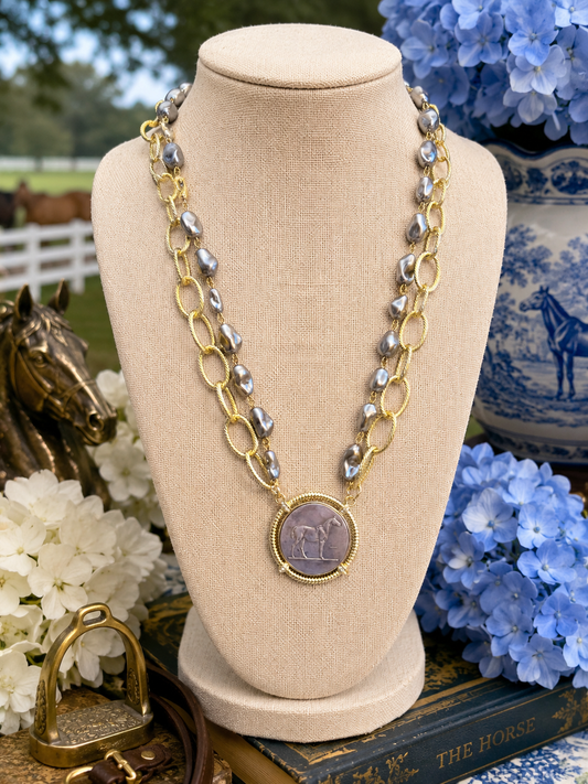 Pearl Horse Coin Necklace, Gold Textured Chain, Equestrian Medallion Pendant, Horse Lover Statement Jewelry