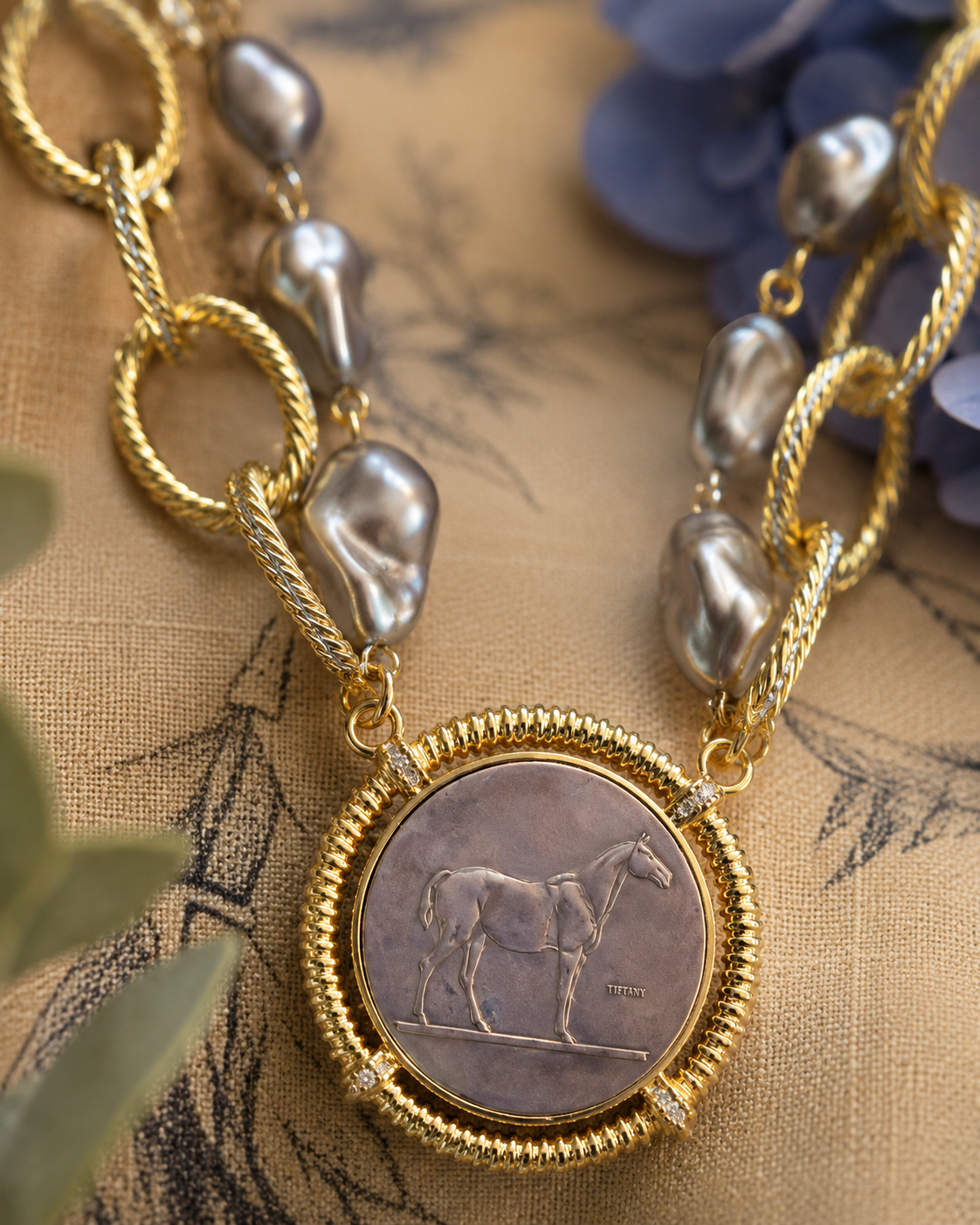 Pearl Horse Coin Necklace, Gold Textured Chain, Equestrian Medallion Pendant, Horse Lover Statement Jewelry