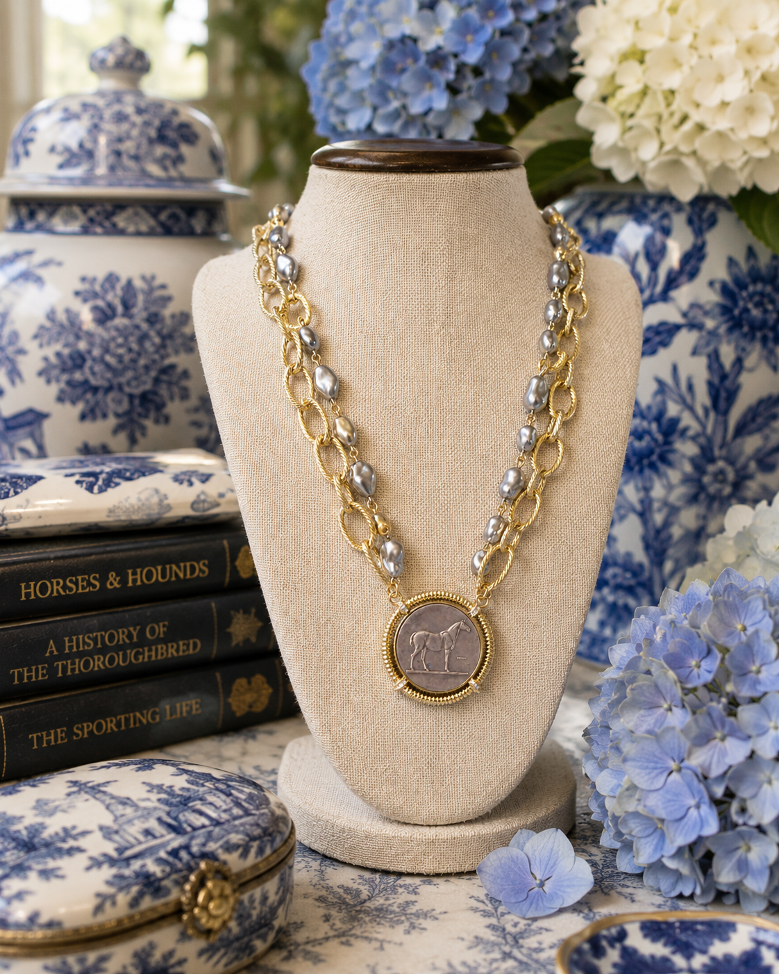 Pearl Horse Coin Necklace, Gold Textured Chain, Equestrian Medallion Pendant, Horse Lover Statement Jewelry