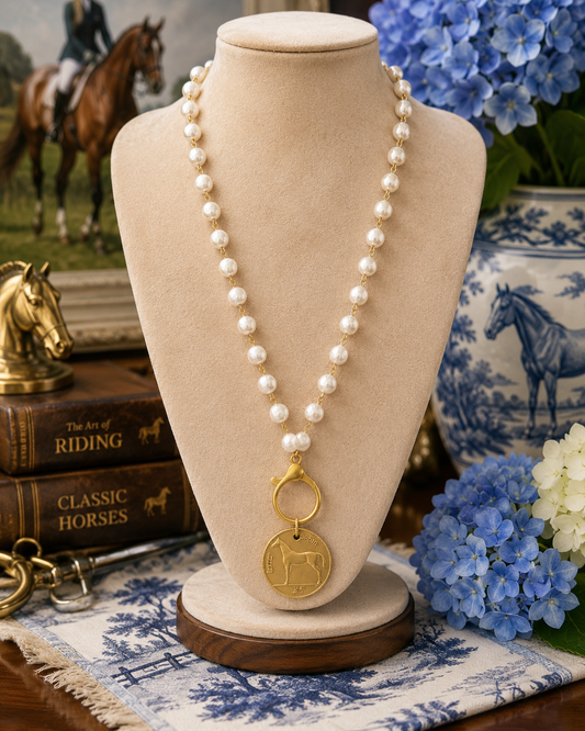 Pearl Horse Coin Necklace, Gold Equestrian Medallion Pendant, Statement Ring Clasp Necklace, Horse Lover Gift