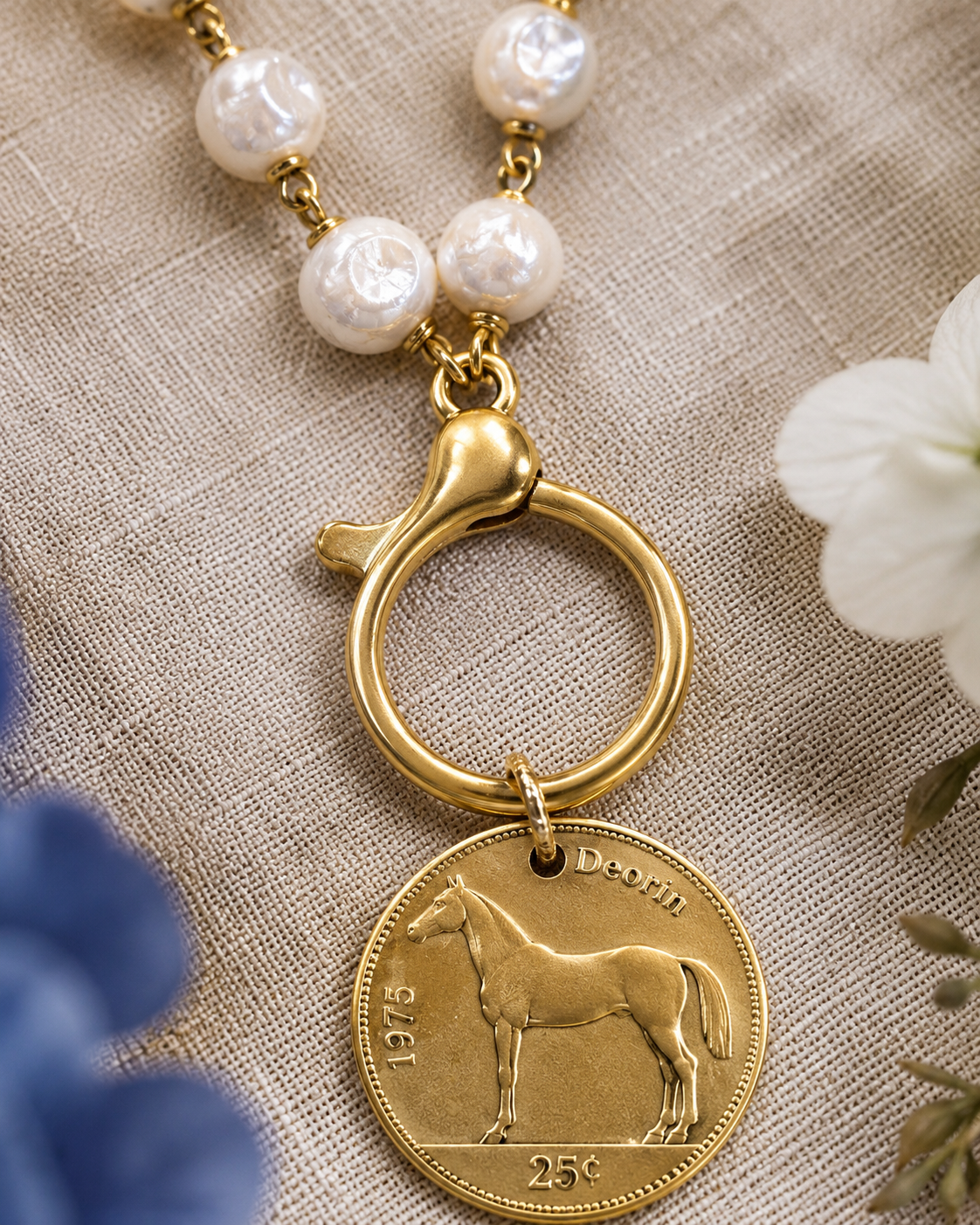 Pearl Horse Coin Necklace, Gold Equestrian Medallion Pendant, Statement Ring Clasp Necklace, Horse Lover Gift