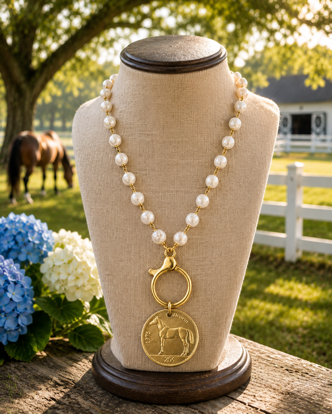 Pearl Horse Coin Necklace, Gold Equestrian Medallion Pendant, Statement Ring Clasp Necklace, Horse Lover Gift