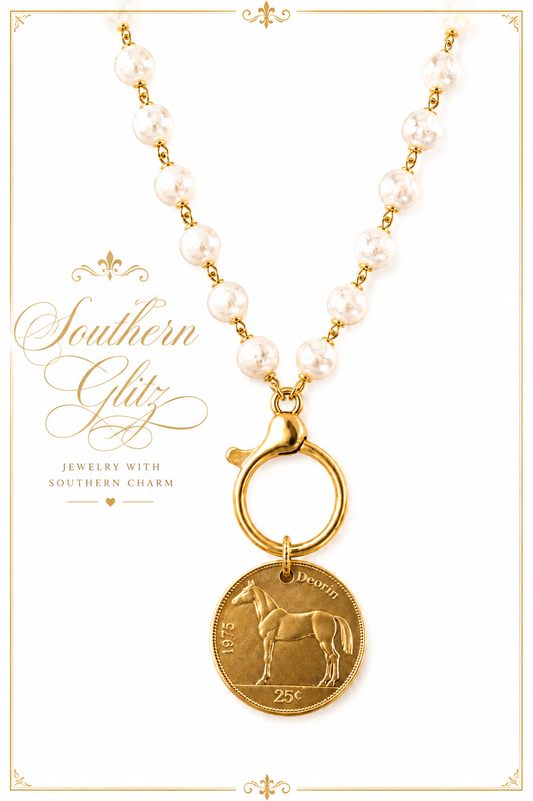 Pearl Horse Coin Necklace, Gold Equestrian Medallion Pendant, Statement Ring Clasp Necklace, Horse Lover Gift