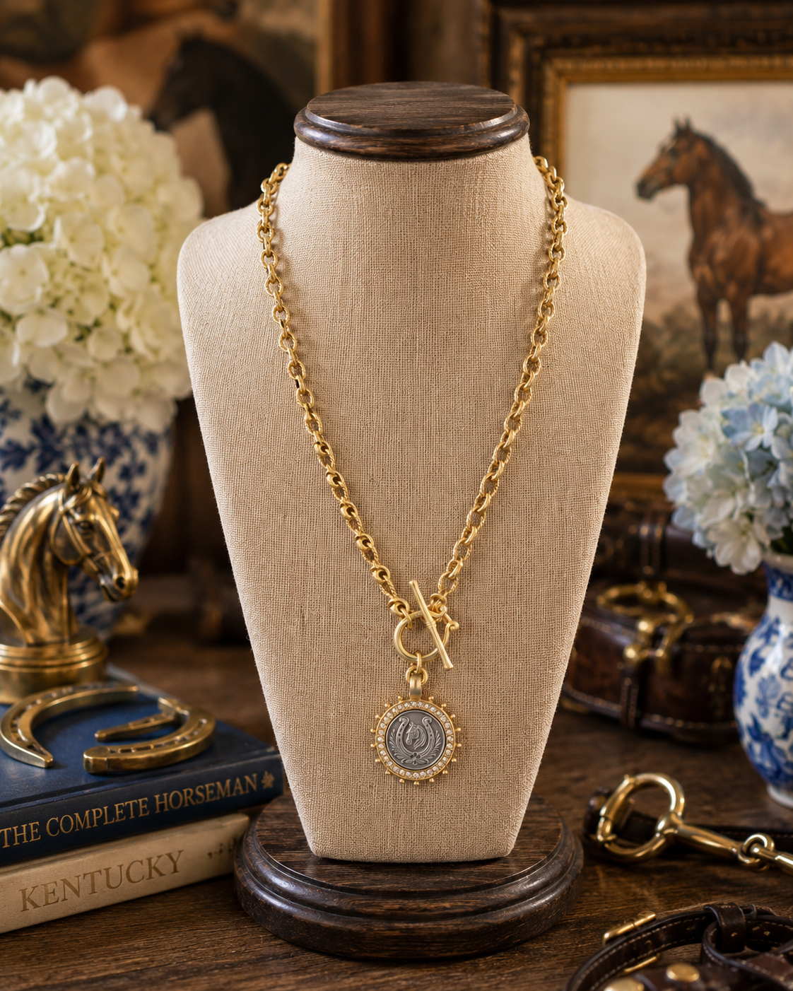 Two-Tone Horse Medallion Necklace, Gold Toggle Chain, Crystal Horseshoe Pendant, Equestrian Statement Jewelry
