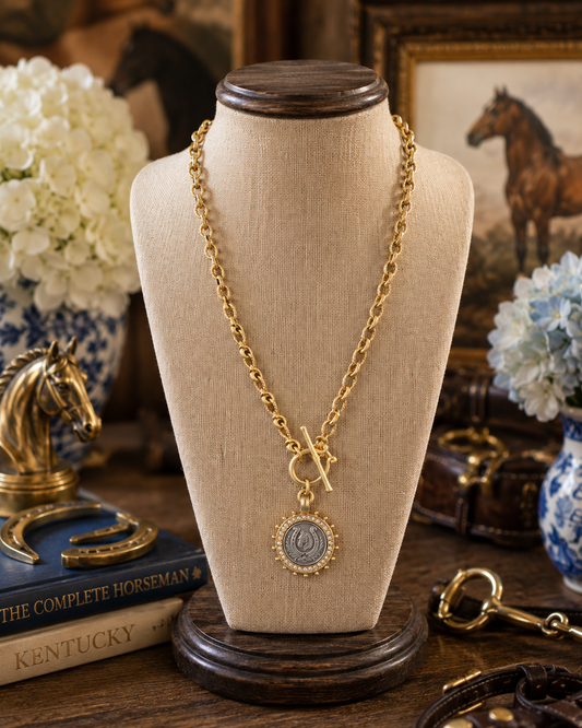 Two-Tone Horse Medallion Necklace, Gold Toggle Chain, Crystal Horseshoe Pendant, Equestrian Statement Jewelry