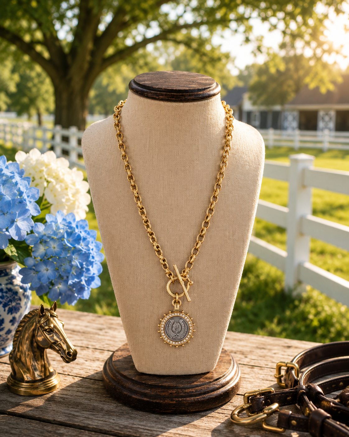 Two-Tone Horse Medallion Necklace, Gold Toggle Chain, Crystal Horseshoe Pendant, Equestrian Statement Jewelry