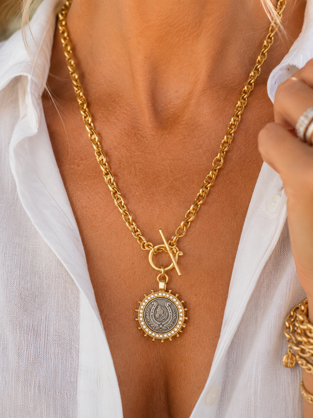 Two-Tone Horse Medallion Necklace, Gold Toggle Chain, Crystal Horseshoe Pendant, Equestrian Statement Jewelry