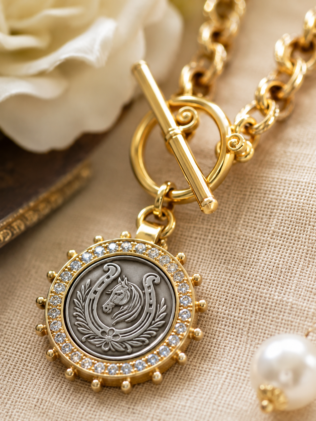 Two-Tone Horse Medallion Necklace, Gold Toggle Chain, Crystal Horseshoe Pendant, Equestrian Statement Jewelry